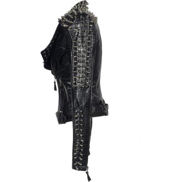 Women's Punk Faux Leather PU Black Jacket Studded Rivet Fashion Streetwear Coat - Picture 2 of 7